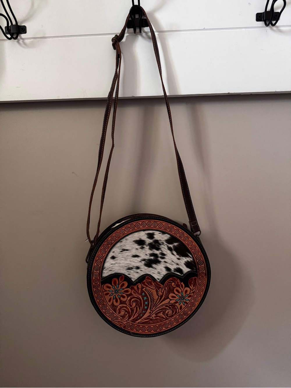 Myra Bag Round Leather Shoulder Bag with Cowhide Accent - Brown/Black/White